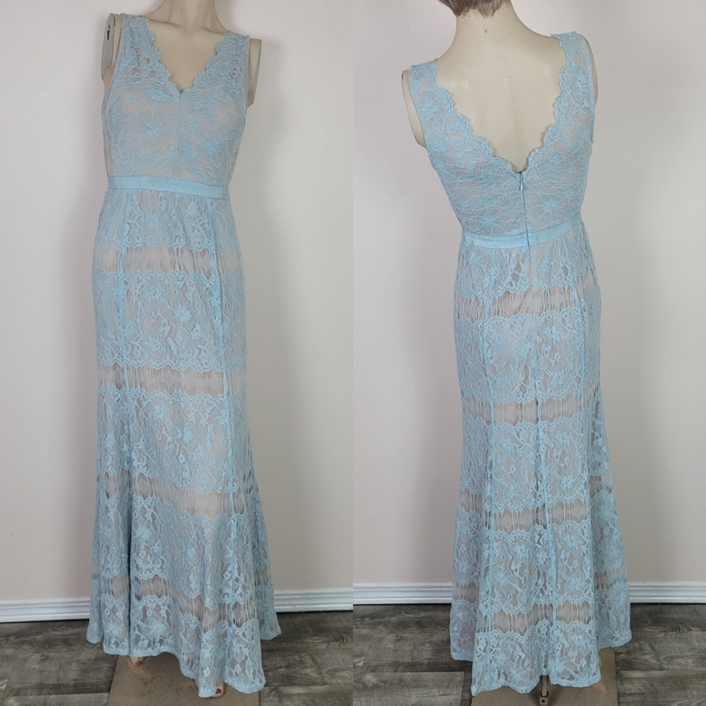 Francesca's light blue lace floor length mermaid dress